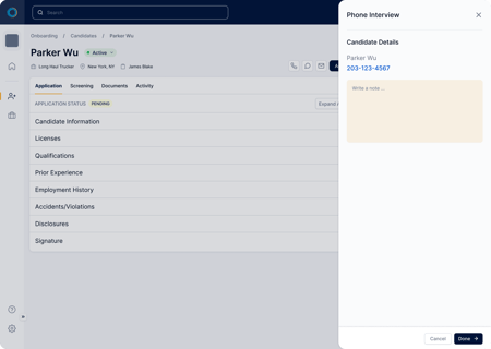 Initiating a candidate phone interview in the Dash platform