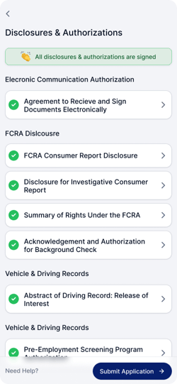 An applicant has signed all background check authorization forms using Dash