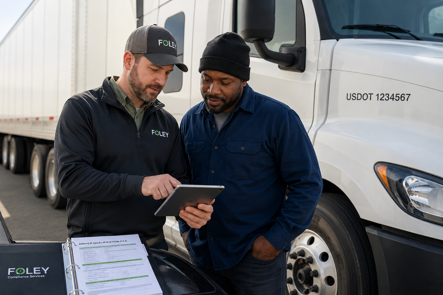 Fleet manager and driver reviewing FMCSA compliance records